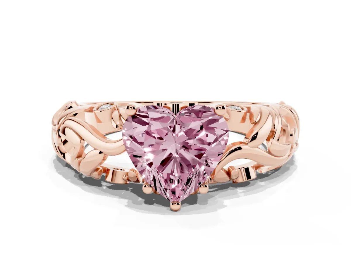 Fancy Pink Heart Cut Solitaire Diamond Leaf-Inspired Vine Band Ring with Prong Setting Rose gold