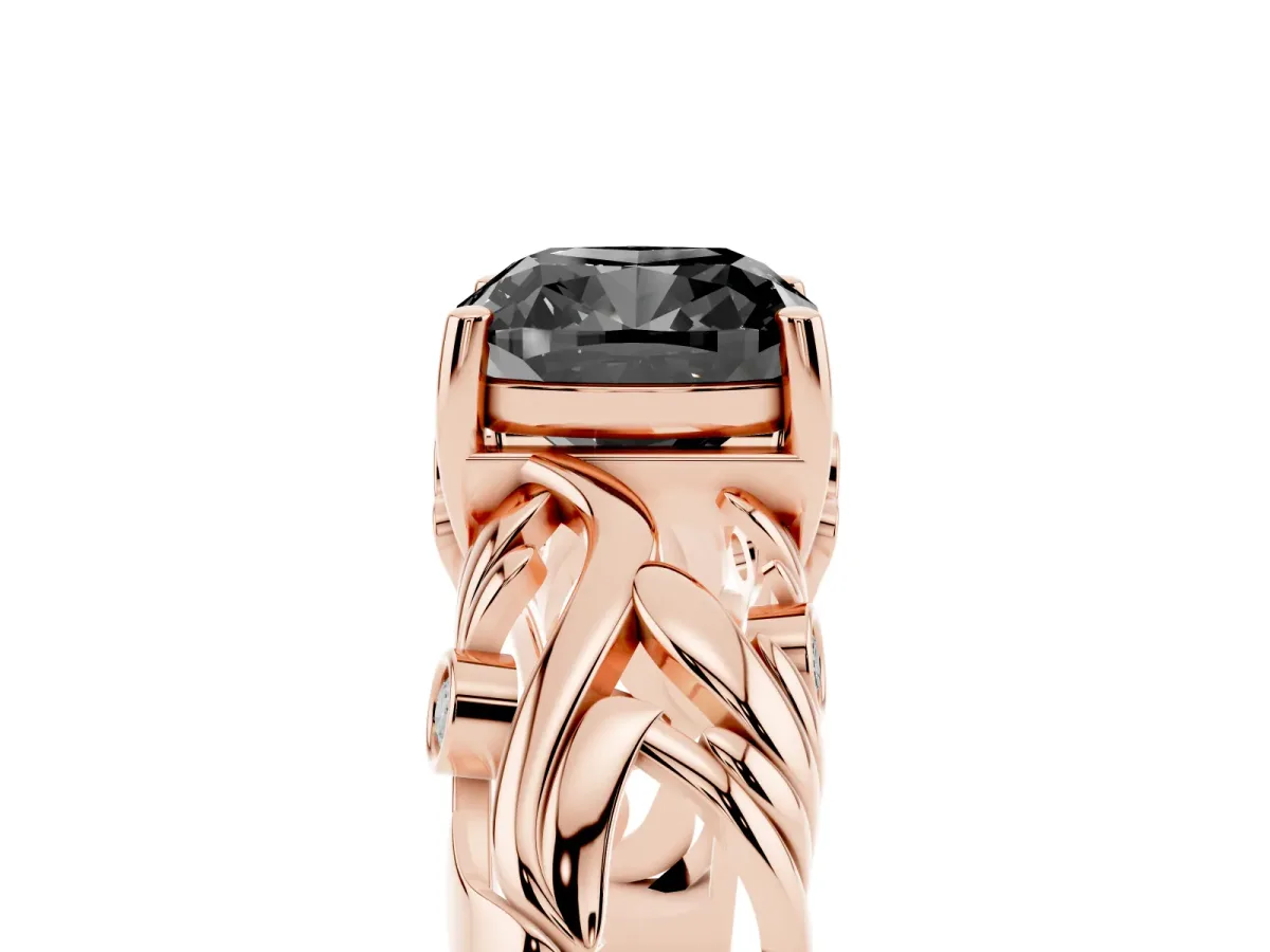 Fancy Black Cushion Cut Solitaire Diamond Leaf-Inspired Vine Band Ring with Prong Setting Rose gold