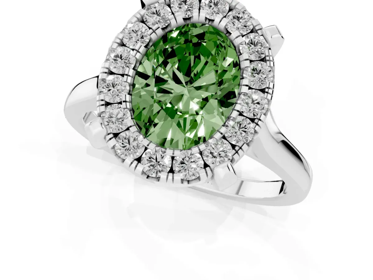 Fancy Green Oval Cut Diamond Cluster Halo Solitaire with Four-Prong Setting Platinum