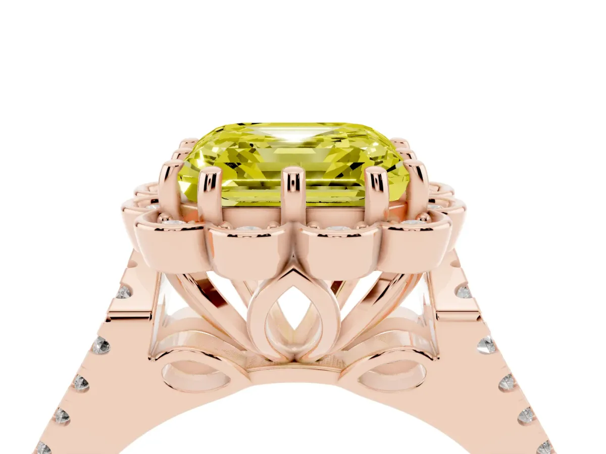 Fancy Yellow Asscher Cut Halo Diamond Floral Split Shank Engagement Ring Rose gold