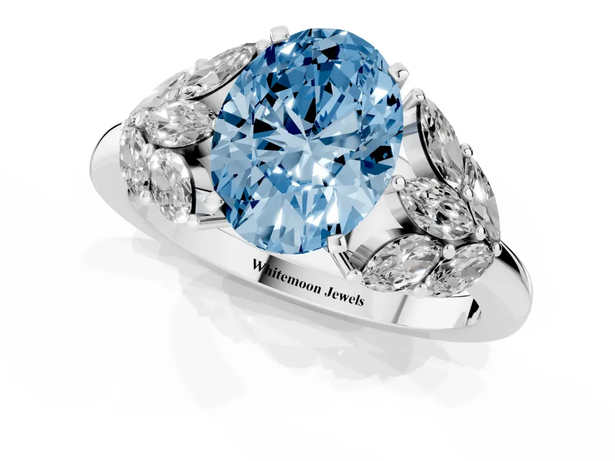 Fancy Blue Oval Cut Diamond Cluster Leaf Design Ring with Prong Setting Silver