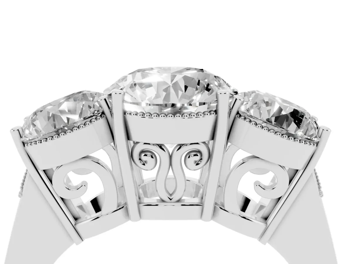Three-Stone Round Cut Diamond Engagement Ring with Prong Setting on a Classic Band Silver