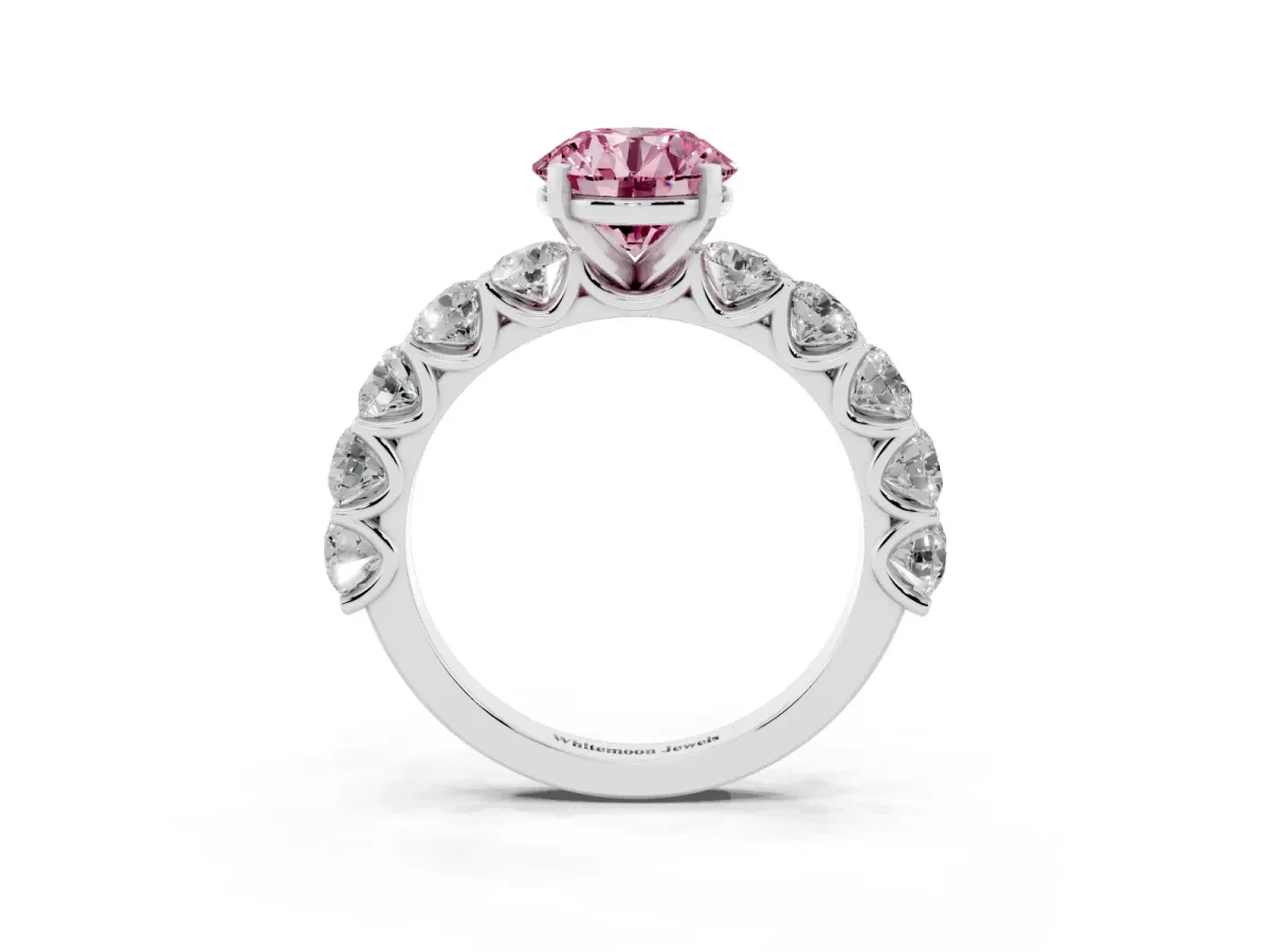 Fancy Pink Round Cut Diamond Prong Setting with Side Stones on a Pave Band Silver