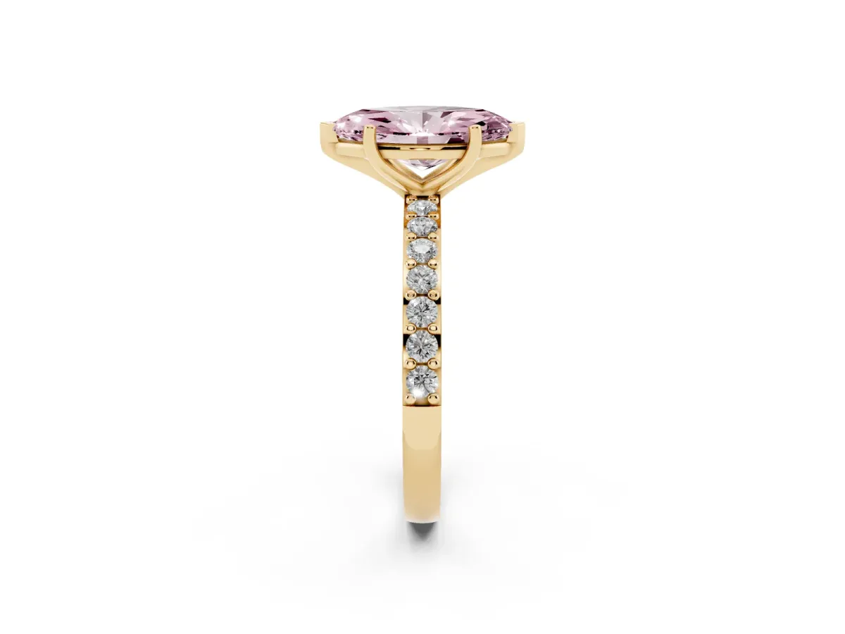 Fancy Pink Marquise Cut Cut Diamond Solitaire with Pave Band and Four-Prong Setting Yellow gold