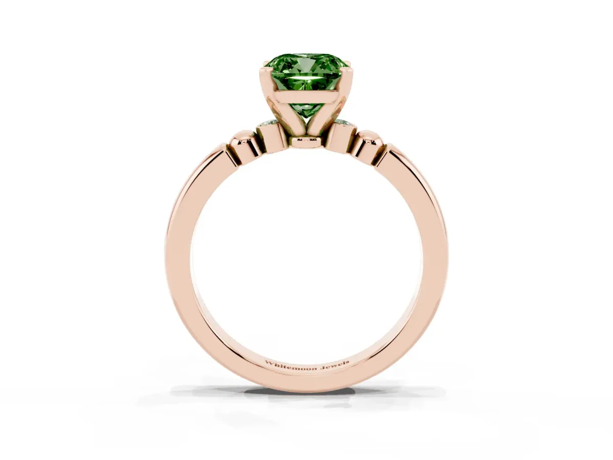 Fancy Green Cushion Cut Solitaire Beaded Band with Four-Prong Setting Rose gold