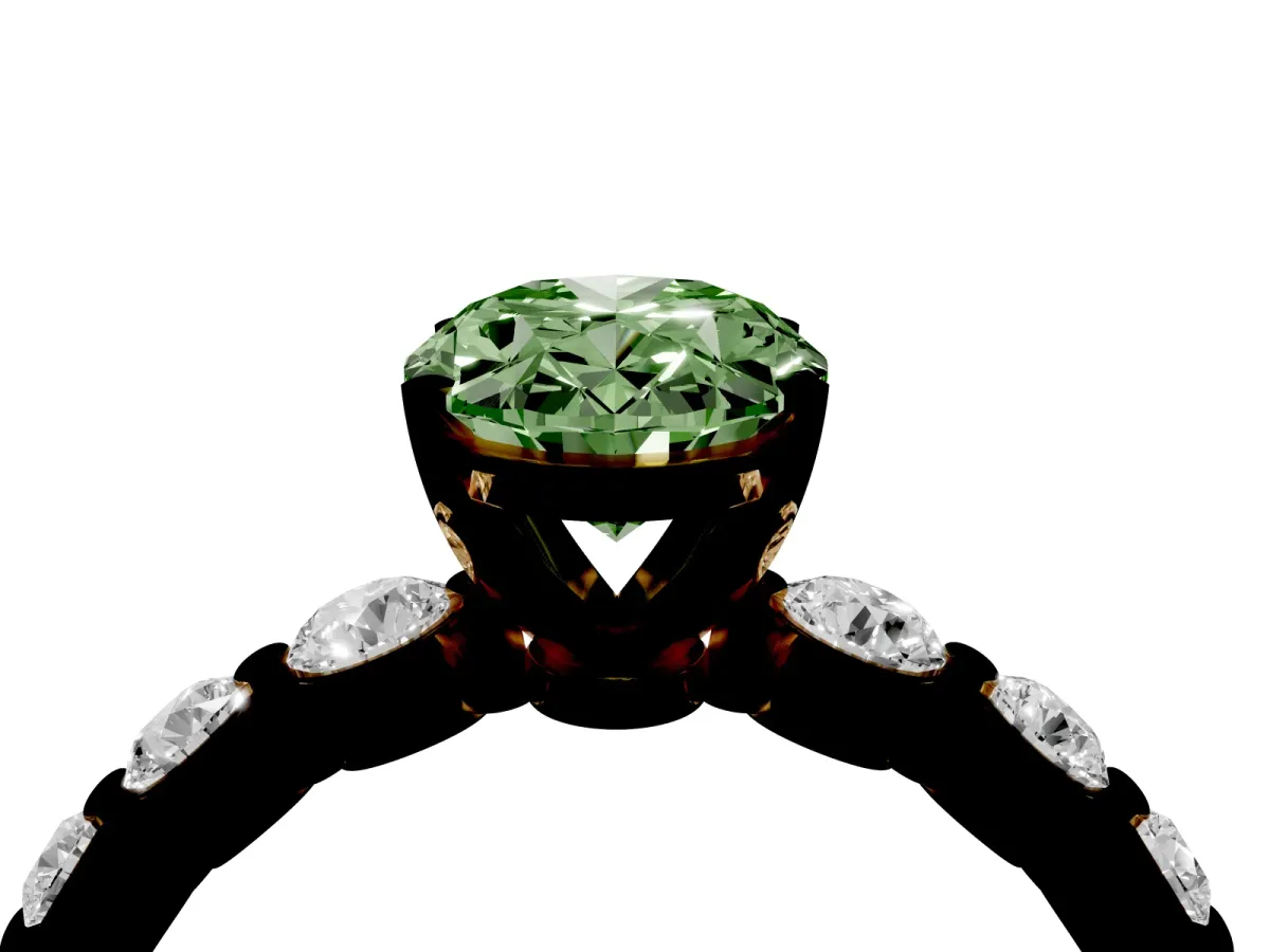 Fancy Green Oval Cut Solitaire Diamond Ring with Pave Band and Four-Prong Setting Yellow gold