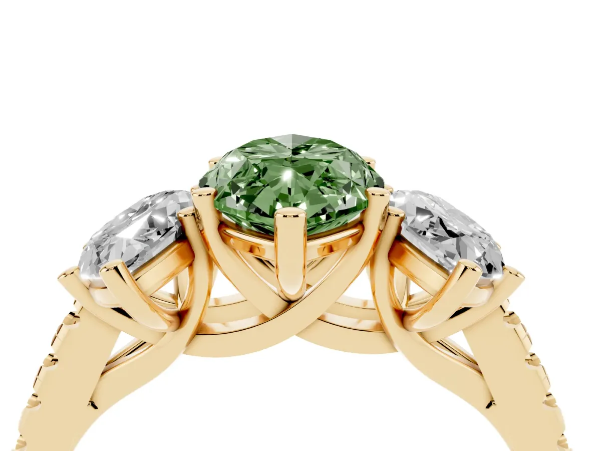 Fancy Green Three-Stone Marquise Cut Diamond Ring with Round Pavé Band and Prong Setting Yellow gold