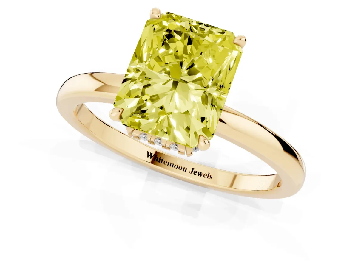 Fancy Yellow Radiant Cut Solitaire Engagement Ring with Cathedral Band and Four-Prong Setting Yellow gold