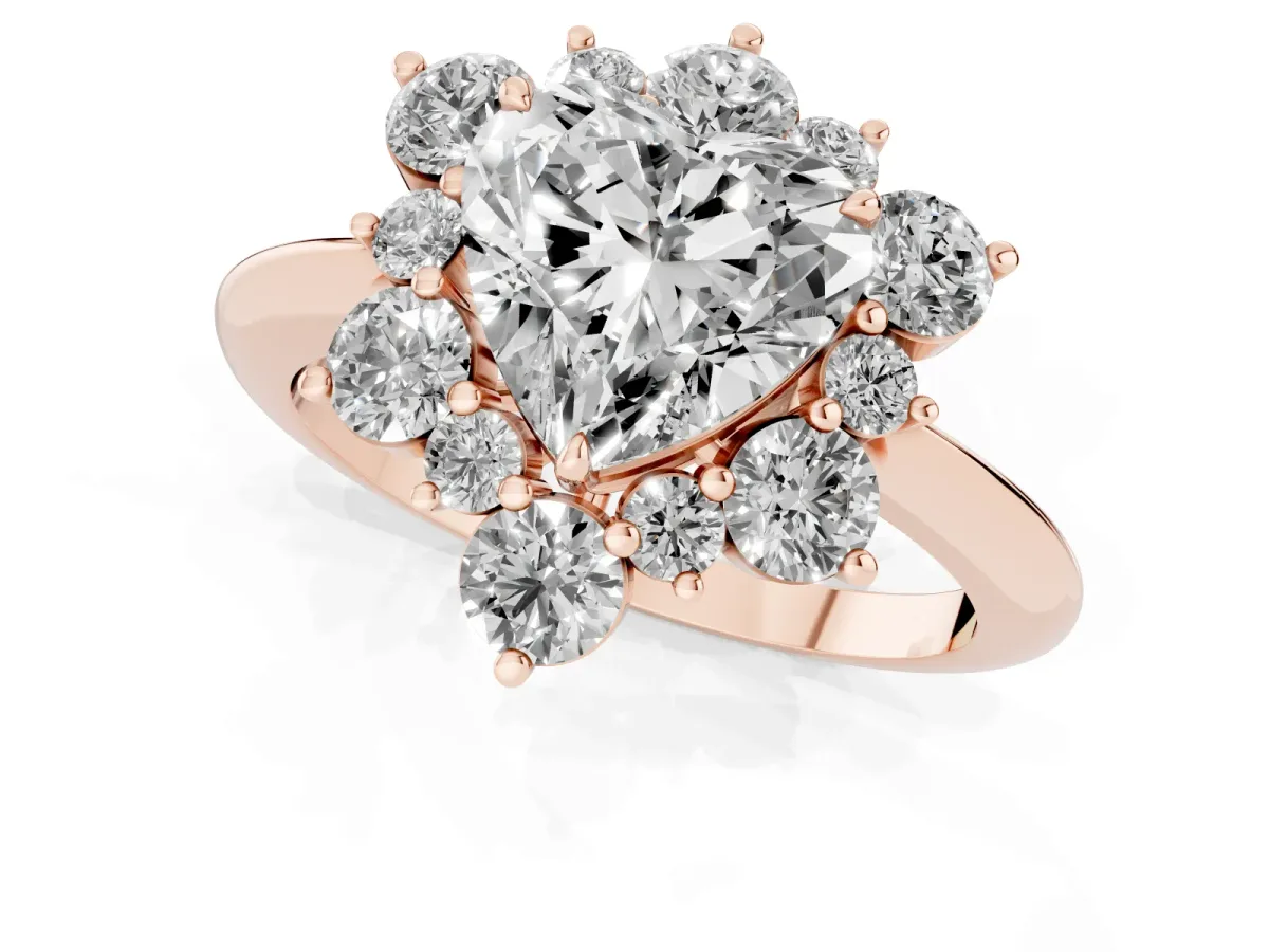 Heart Cut Diamond Cluster Halo Ring with Solitaire Band and Four-Prong Setting Rose gold