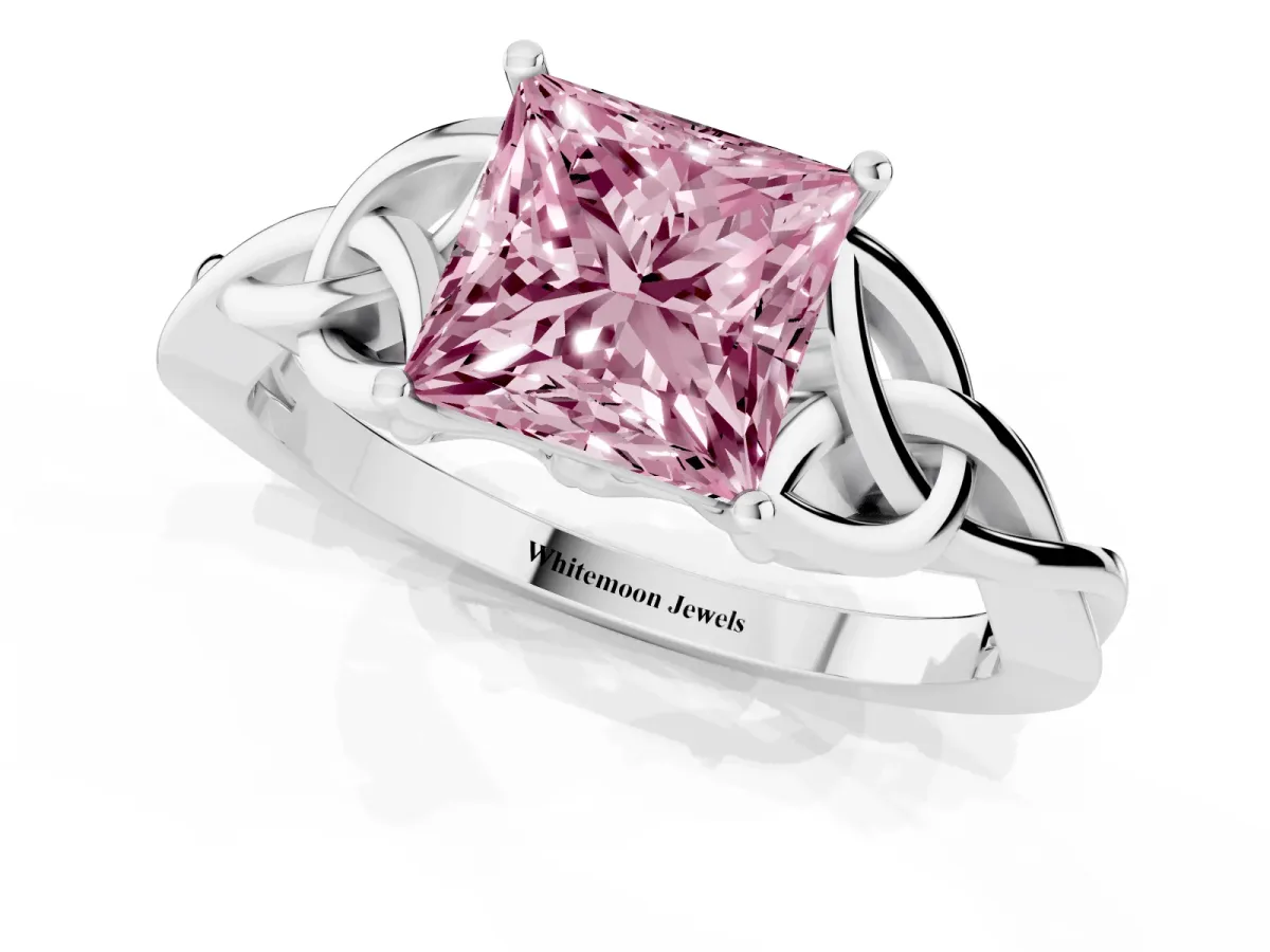 Fancy Pink Princess Cut Diamond Solitaire Engagement Ring with Celtic Knot Band and Four-Prong Setting White gold
