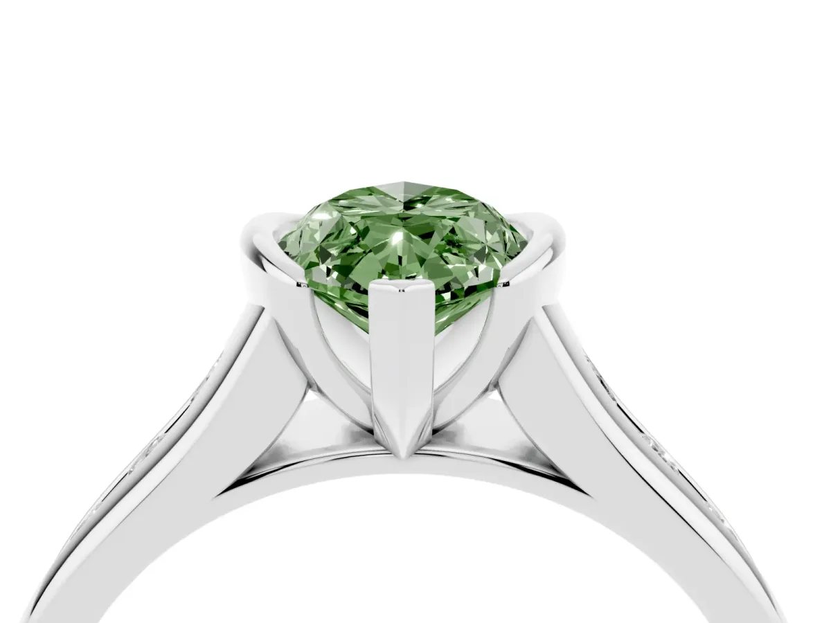 Fancy Green Marquise Cut Solitaire Bezel-Set Diamond Ring with Channel-Set Band Silver