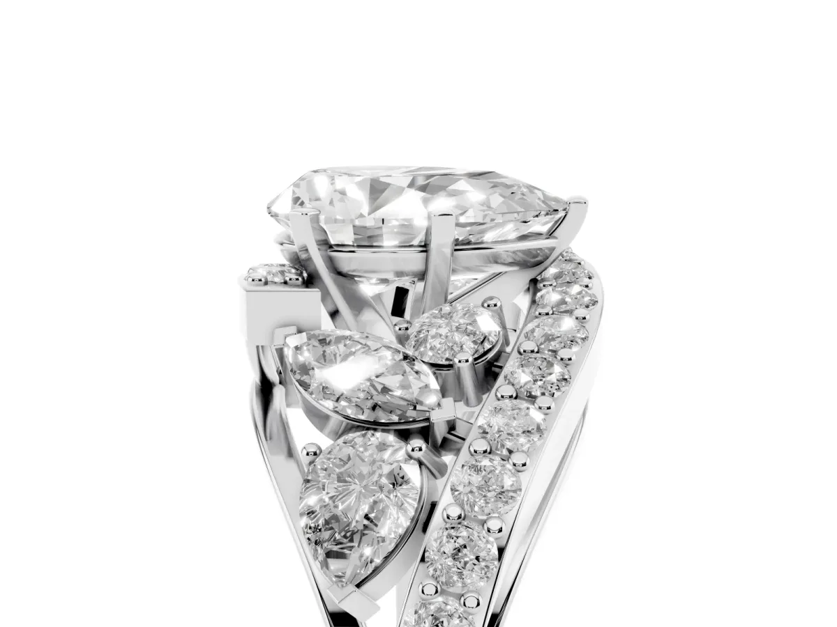 Pear Cut Diamond Halo Ring with Marquise and Pavé Band in Prong Setting Platinum