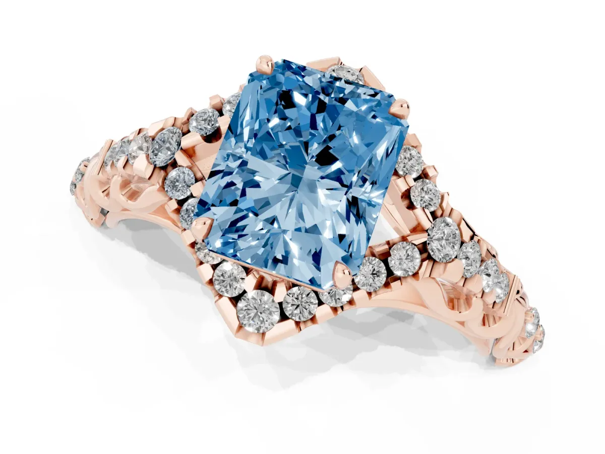 Fancy Blue Radiant Cut Diamond Solitaire Ring with Hidden Halo and Pavé Band Rose gold