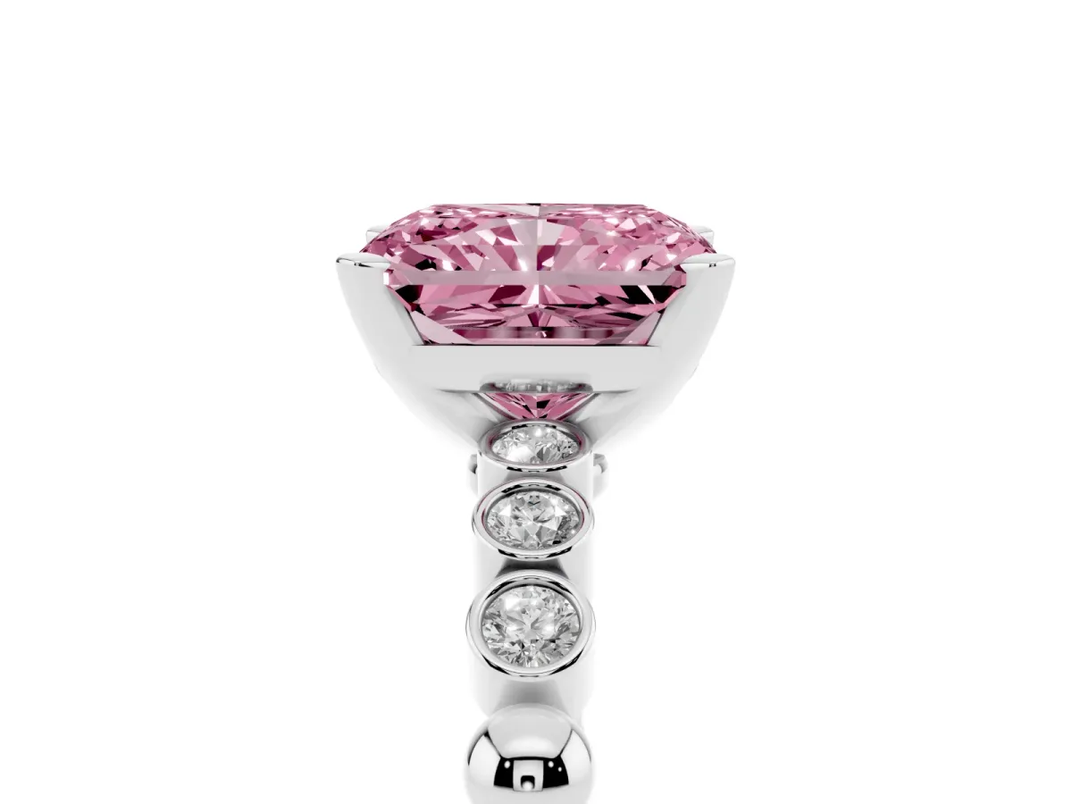 Fancy Pink Radiant Cut Solitaire Bezel Accent Diamond Engagement Ring with Beaded Band and Four-Prong Setting Silver