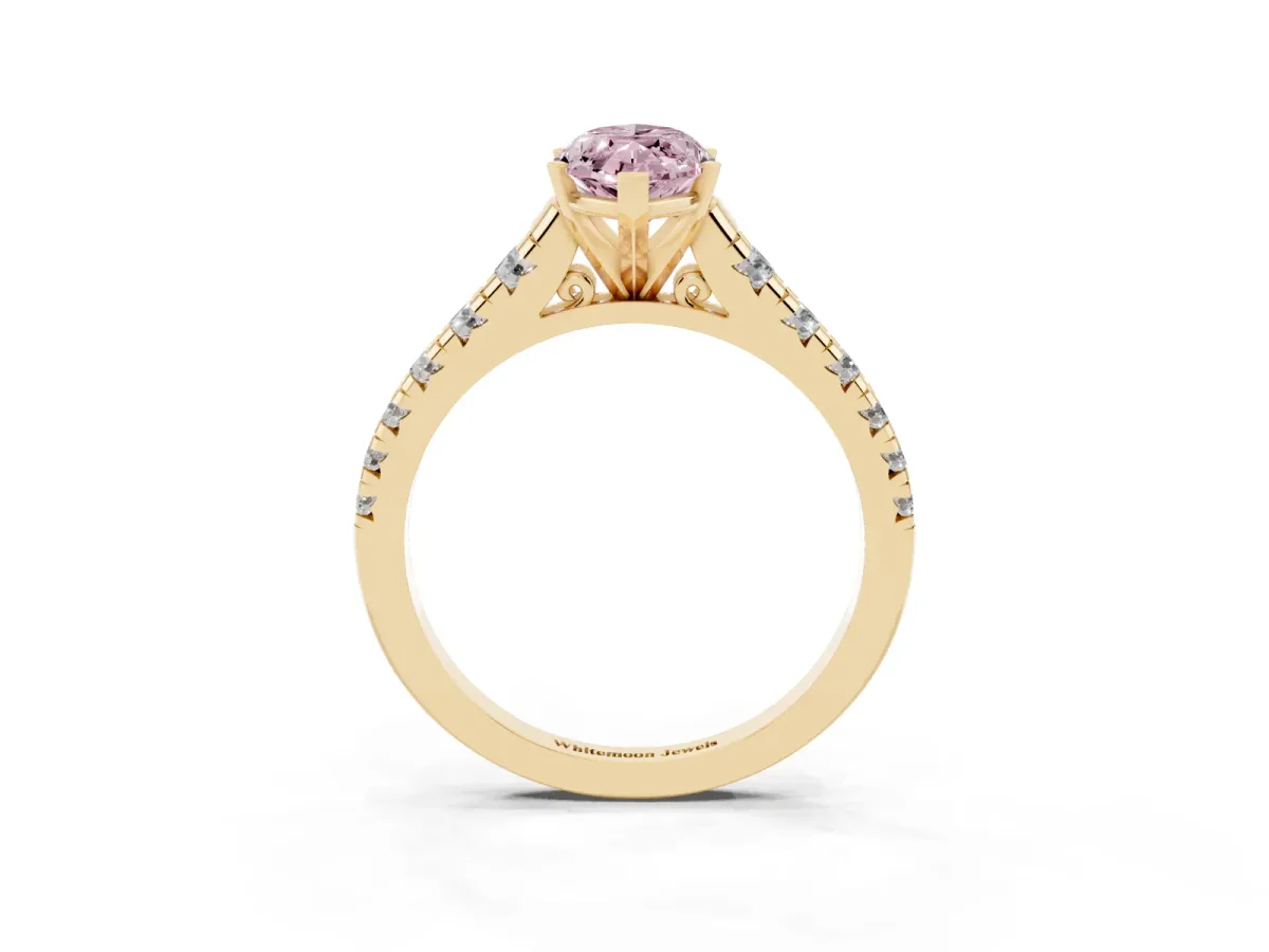 Fancy Pink Marquise Cut Diamond Cathedral Solitaire Ring with Round Pavé Band Yellow gold