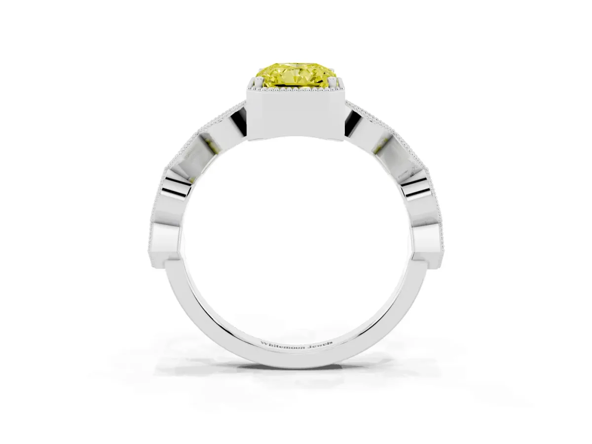 Fancy Yellow Radiant Cut Milgrain Marquise Diamond Twist Band Ring Silver