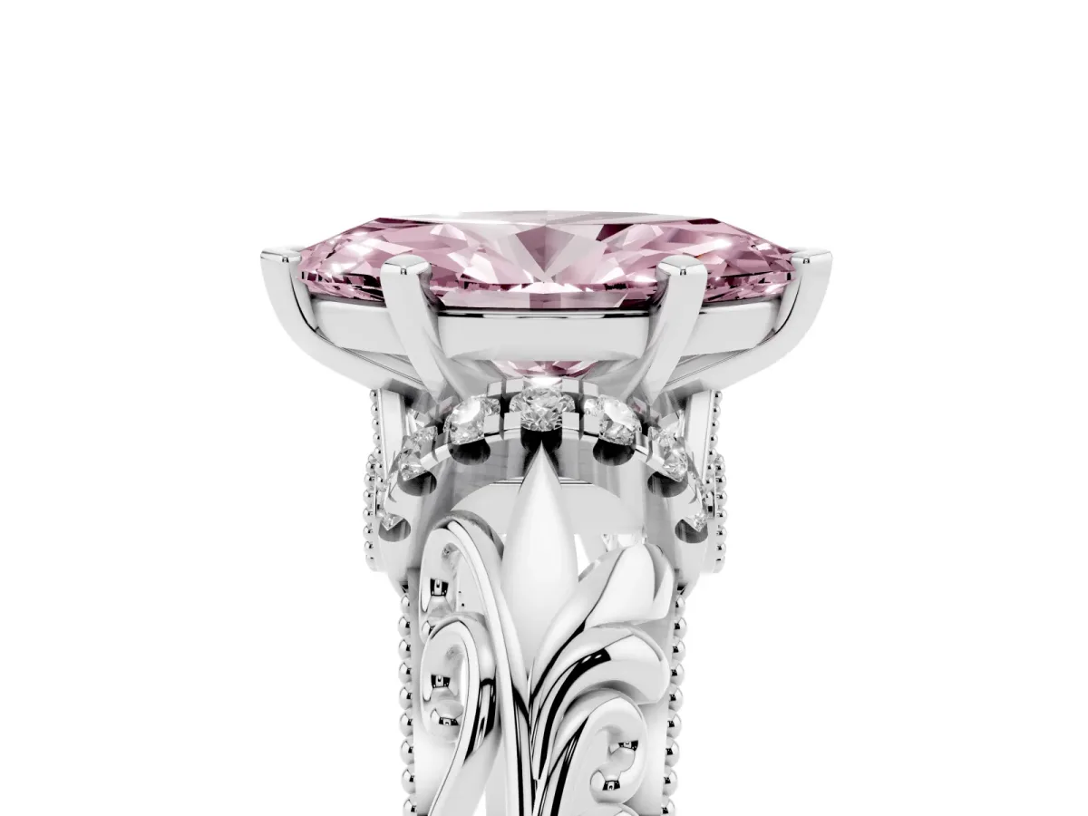 Fancy Pink Marquise Cut Solitaire Filigree Engagement Ring with Halo and Prong Setting Silver