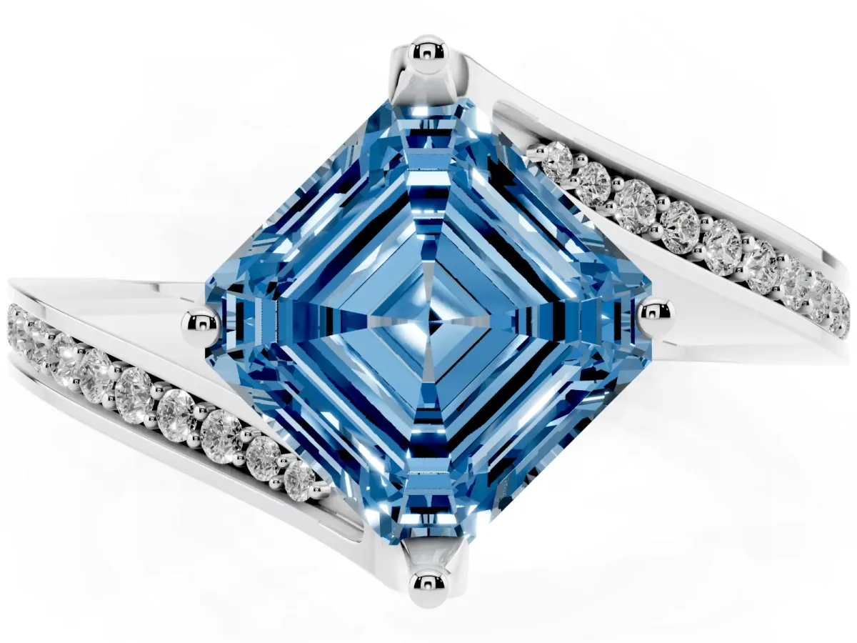 Fancy Blue Asscher Cut Solitaire Diamond Twist Band with Pavé Setting and Four-Prong Setting Platinum