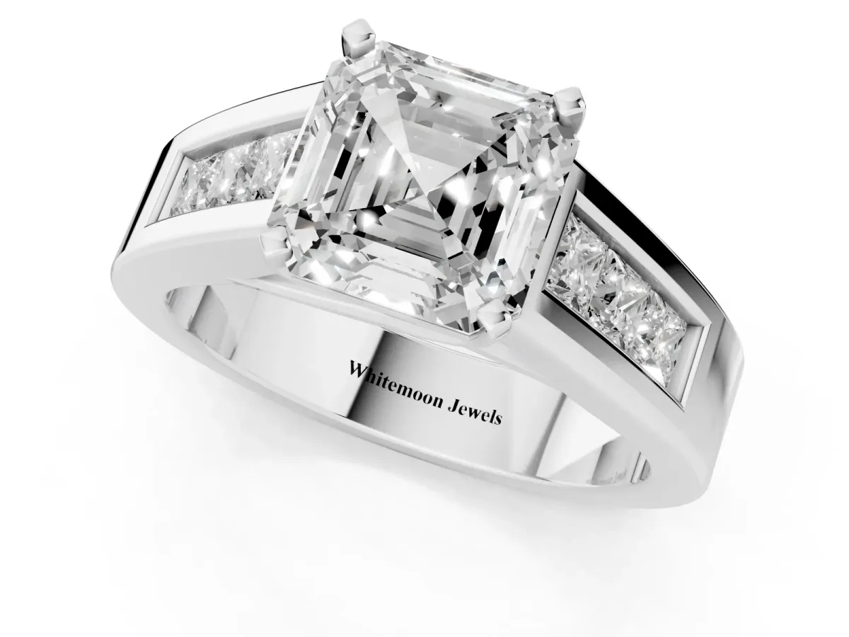 Asscher Cut Cut Channel Set Solitaire Ring with Four-Prong Setting Silver