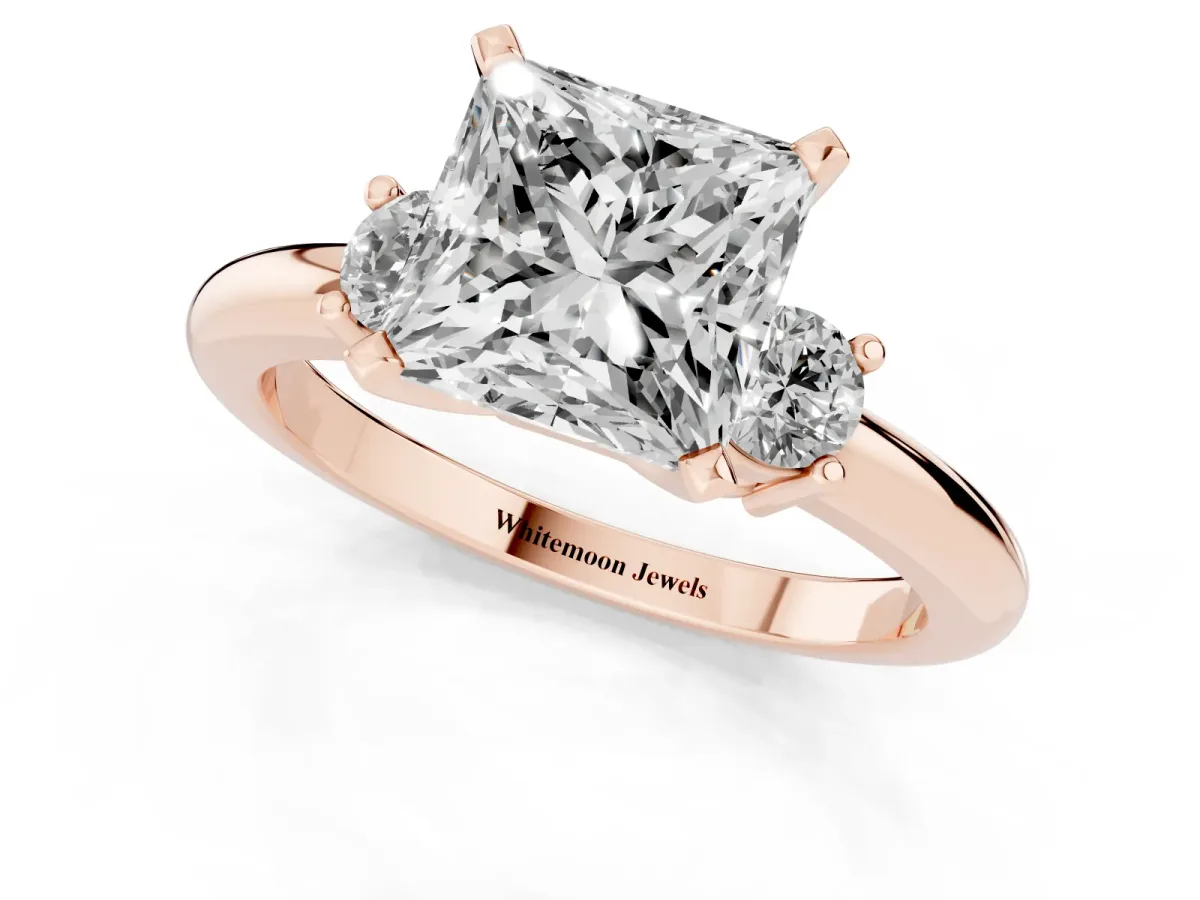 Three-Stone Princess Cut Cut Diamond Solitaire with Prong Setting and Classic Band Rose gold
