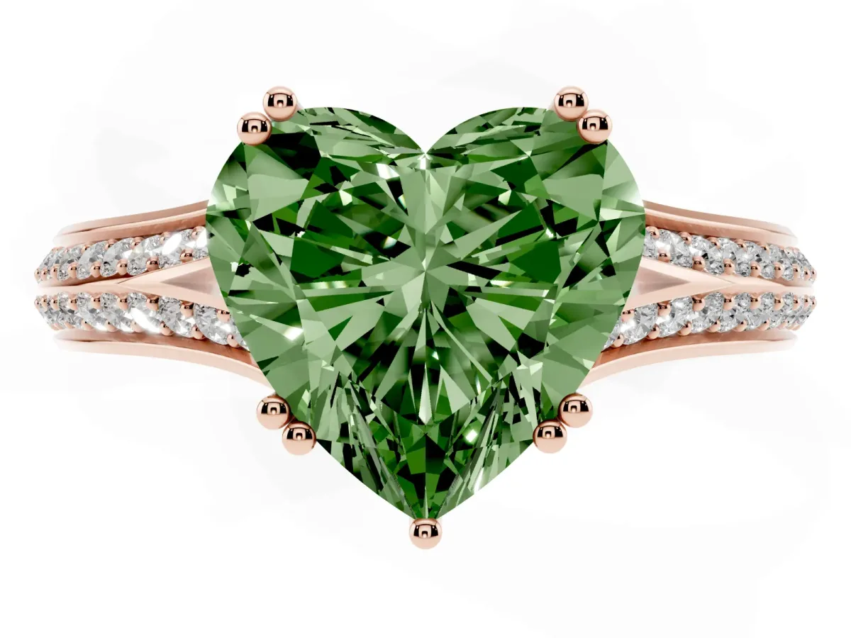 Fancy Green Heart Cut Diamond Split Shank Engagement Ring with Pavé Band Rose gold