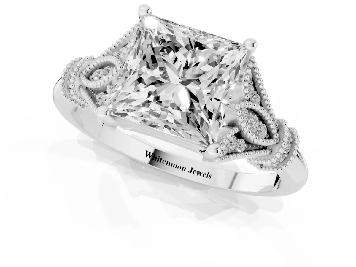 Princess Cut Diamond Solitaire Ring with Floral Filigree and Pave Accents White gold