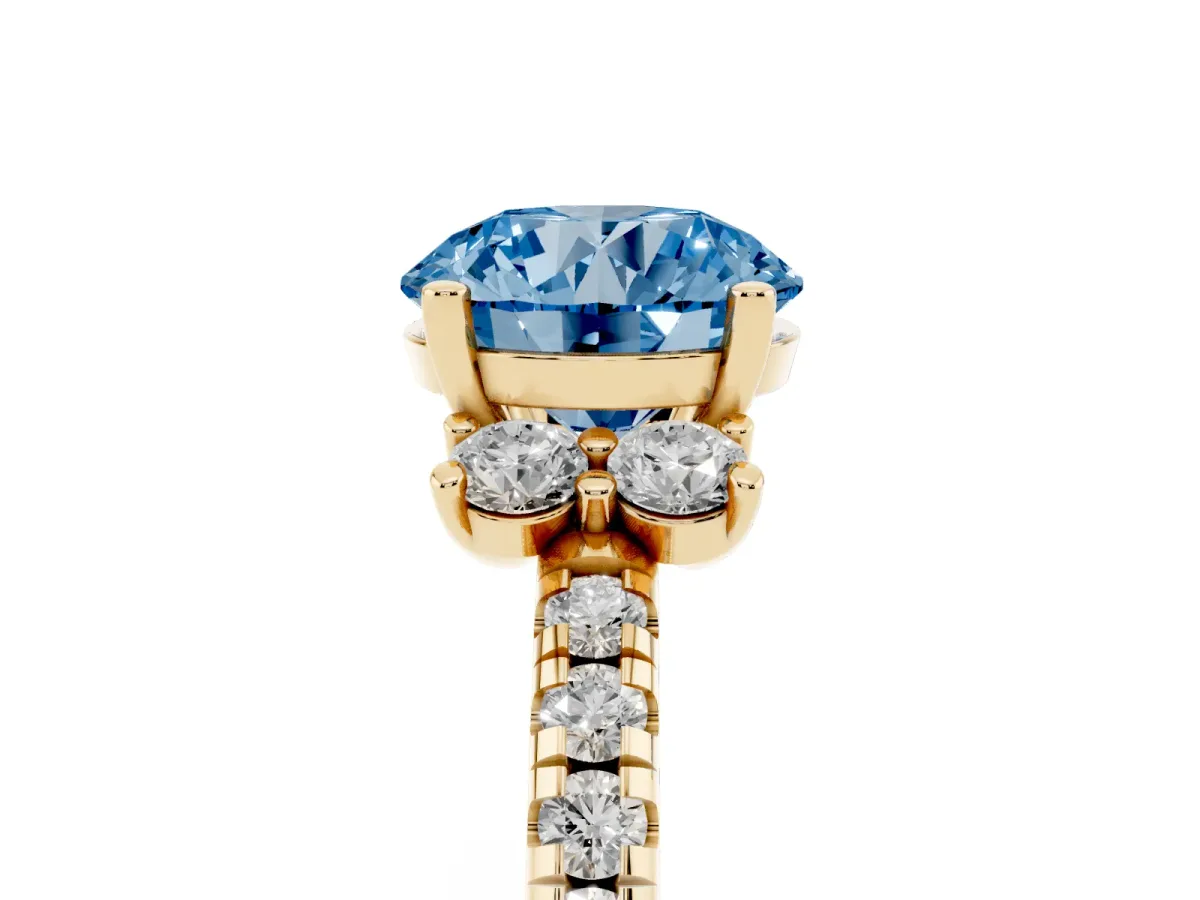 Fancy Blue Round Cut Diamond Three-Stone Pave Band with Four-Prong Setting Yellow gold