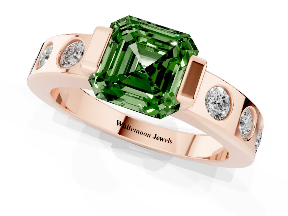 Fancy Green Asscher Cut Brilliant Channel-Set Diamond Ring with Bezel Prong Setting Rose gold
