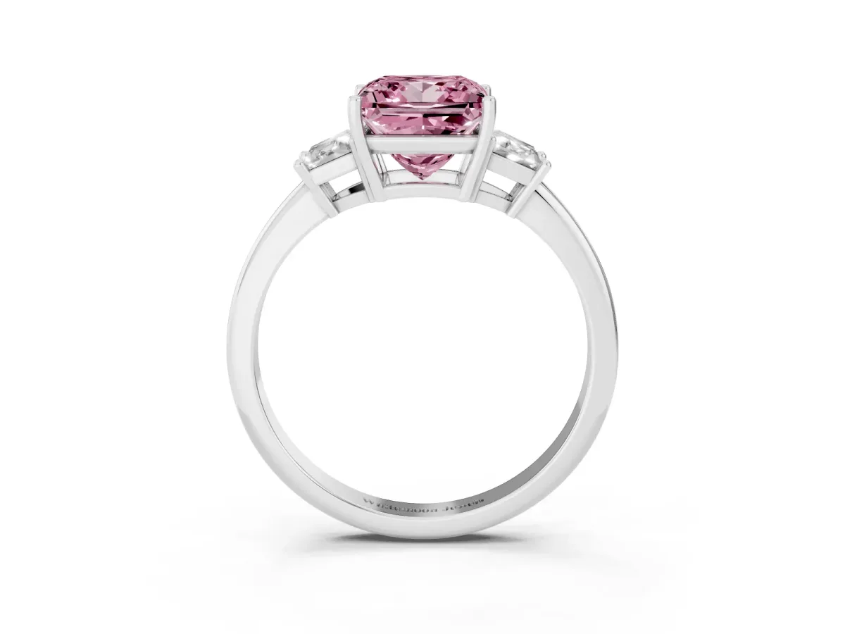 Fancy Pink Princess Cut Diamond Three-Stone Ring with Trapezoid Side Stones and Prong Setting Silver