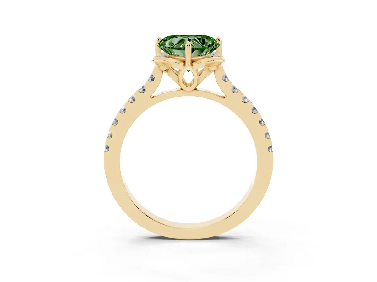 Fancy Green Heart Cut Diamond Ring with Pavé Band and Floral Prong Setting Yellow gold
