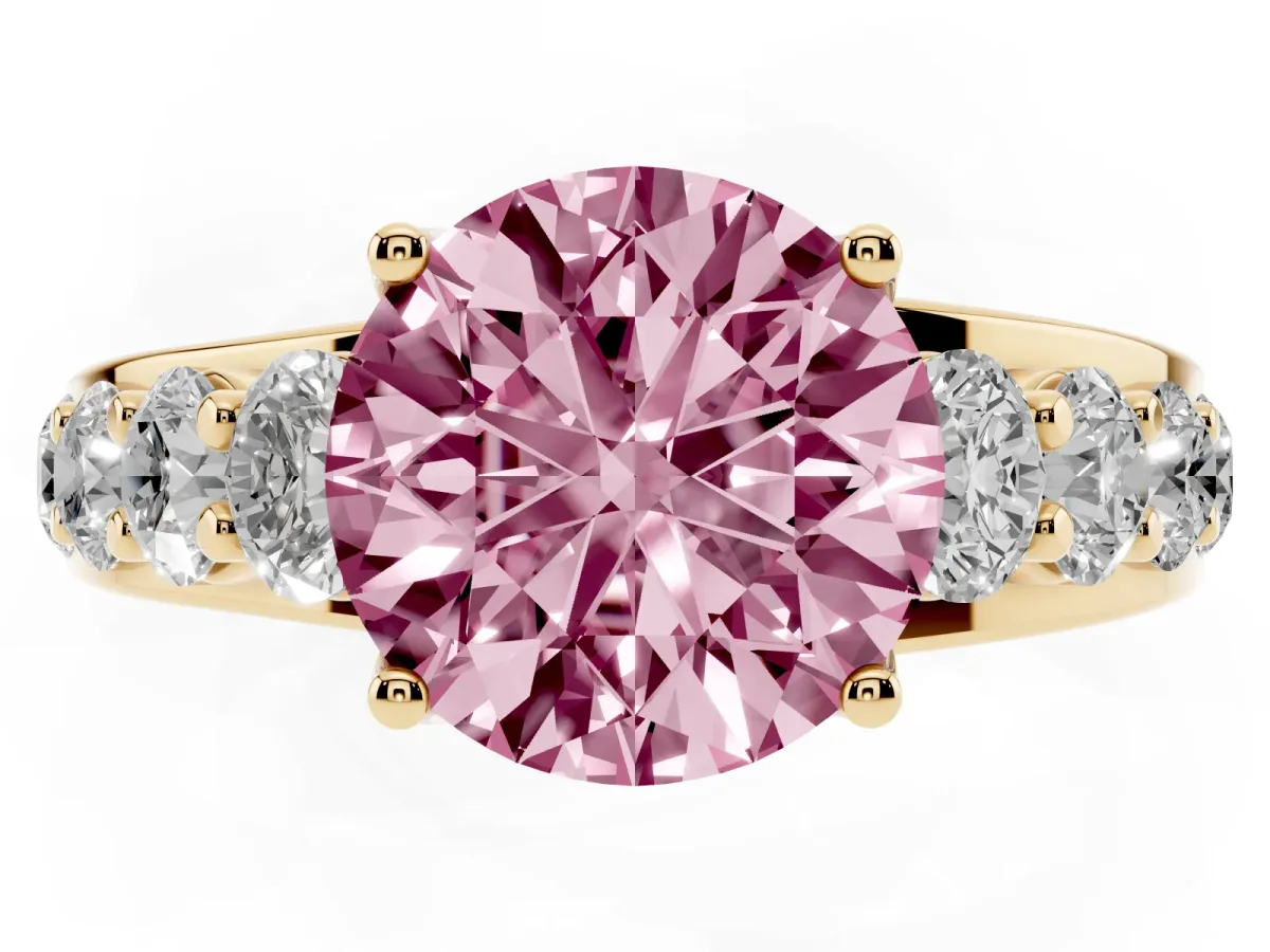 Fancy Pink Round Cut Diamond Engagement Ring with Pavé Band and Four-Prong Setting Yellow gold