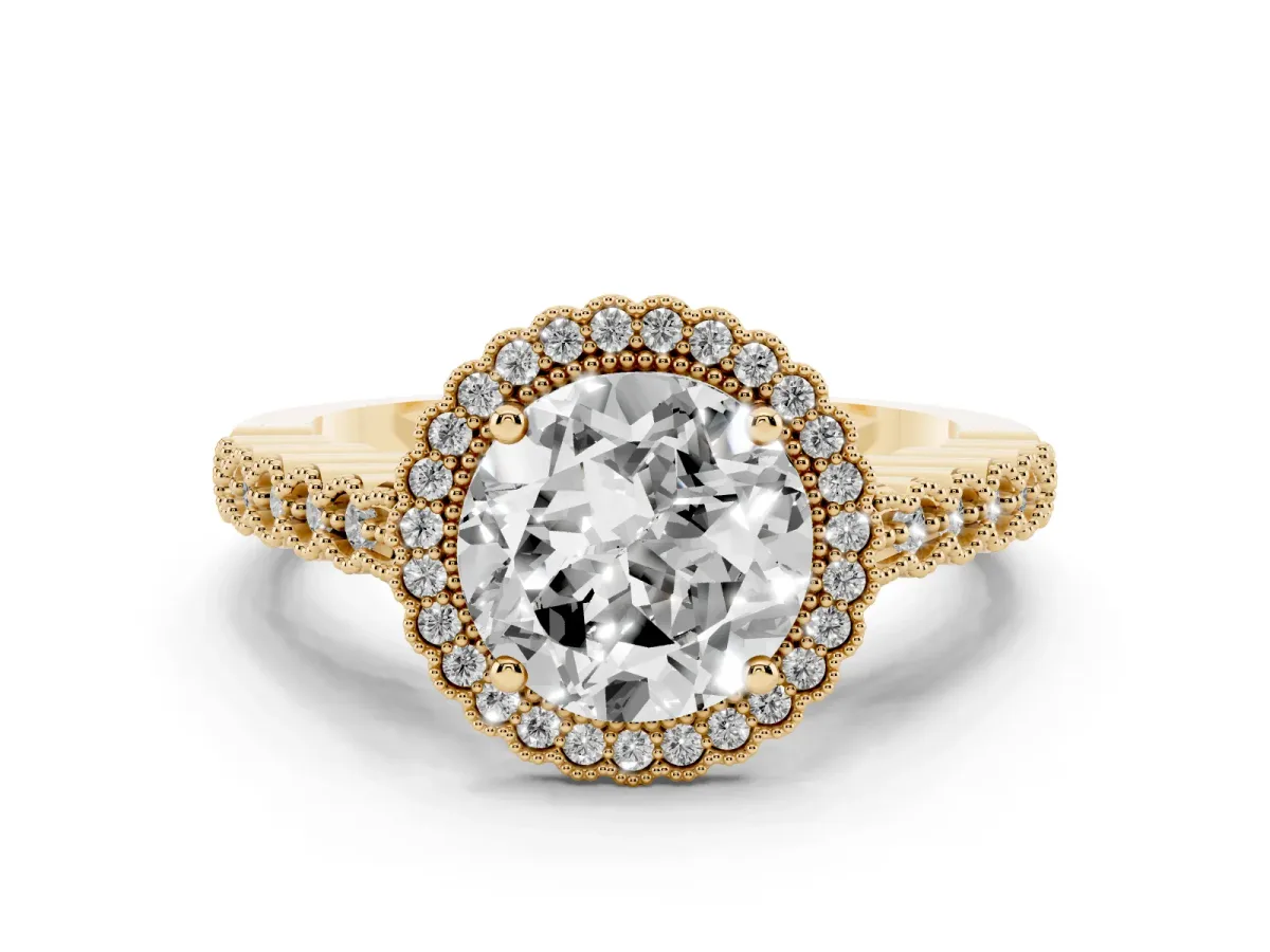 Round Cut Cut Halo Pavé Solitaire Ring with Milgrain Band Yellow gold