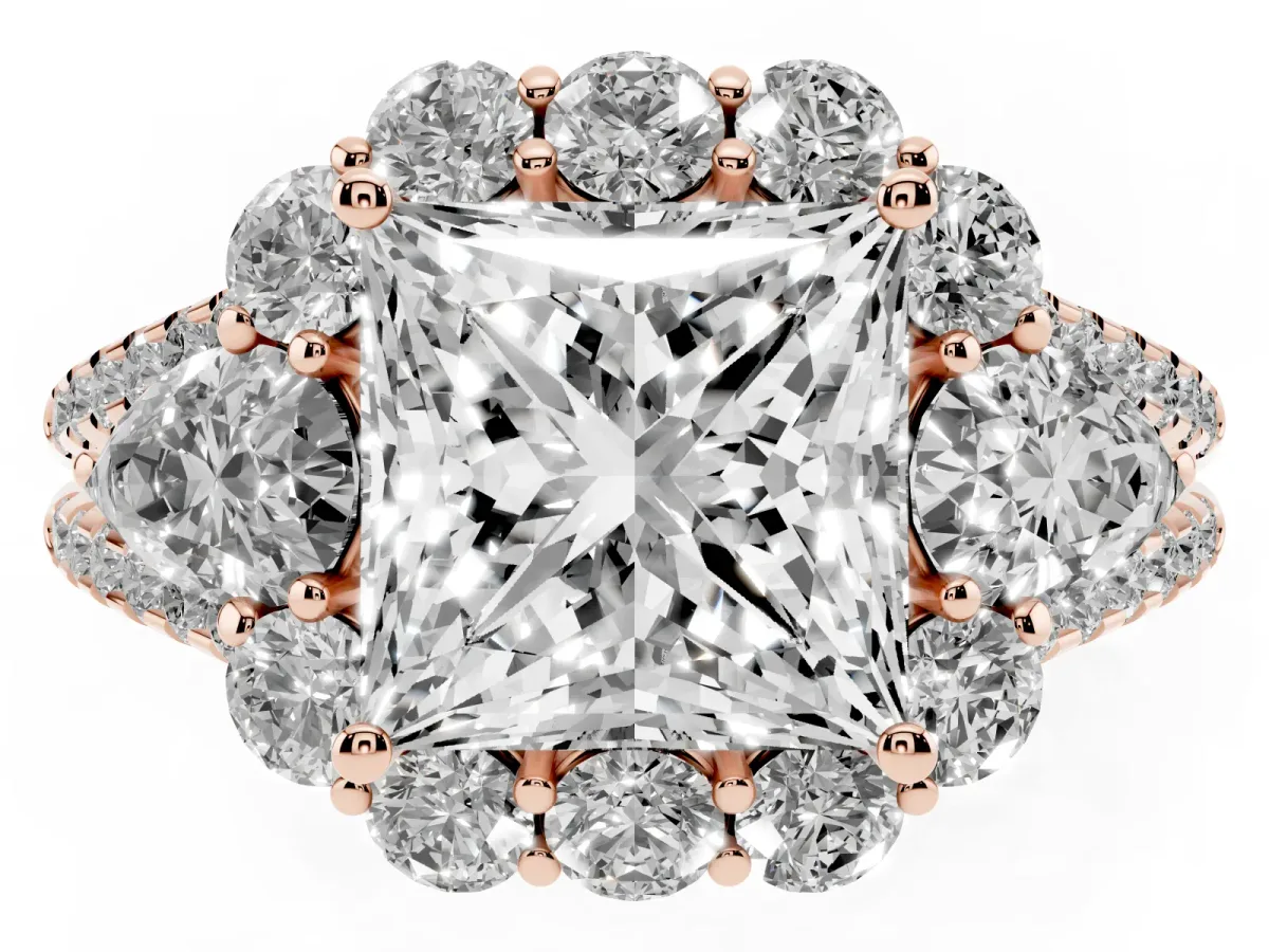 Princess Cut Halo Split Shank Diamond Engagement Ring with Prong Setting Rose gold