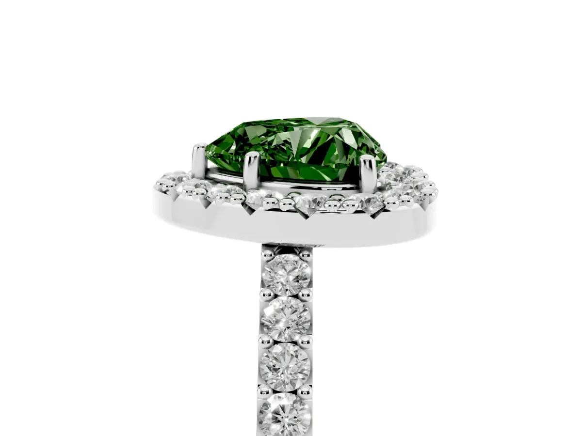 Fancy Green Heart Cut Halo Diamond Pavé Solitaire Ring Silver