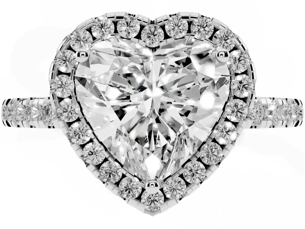 Heart Cut Halo Diamond Engagement Ring with Pavé Band and Four-Prong Setting Platinum
