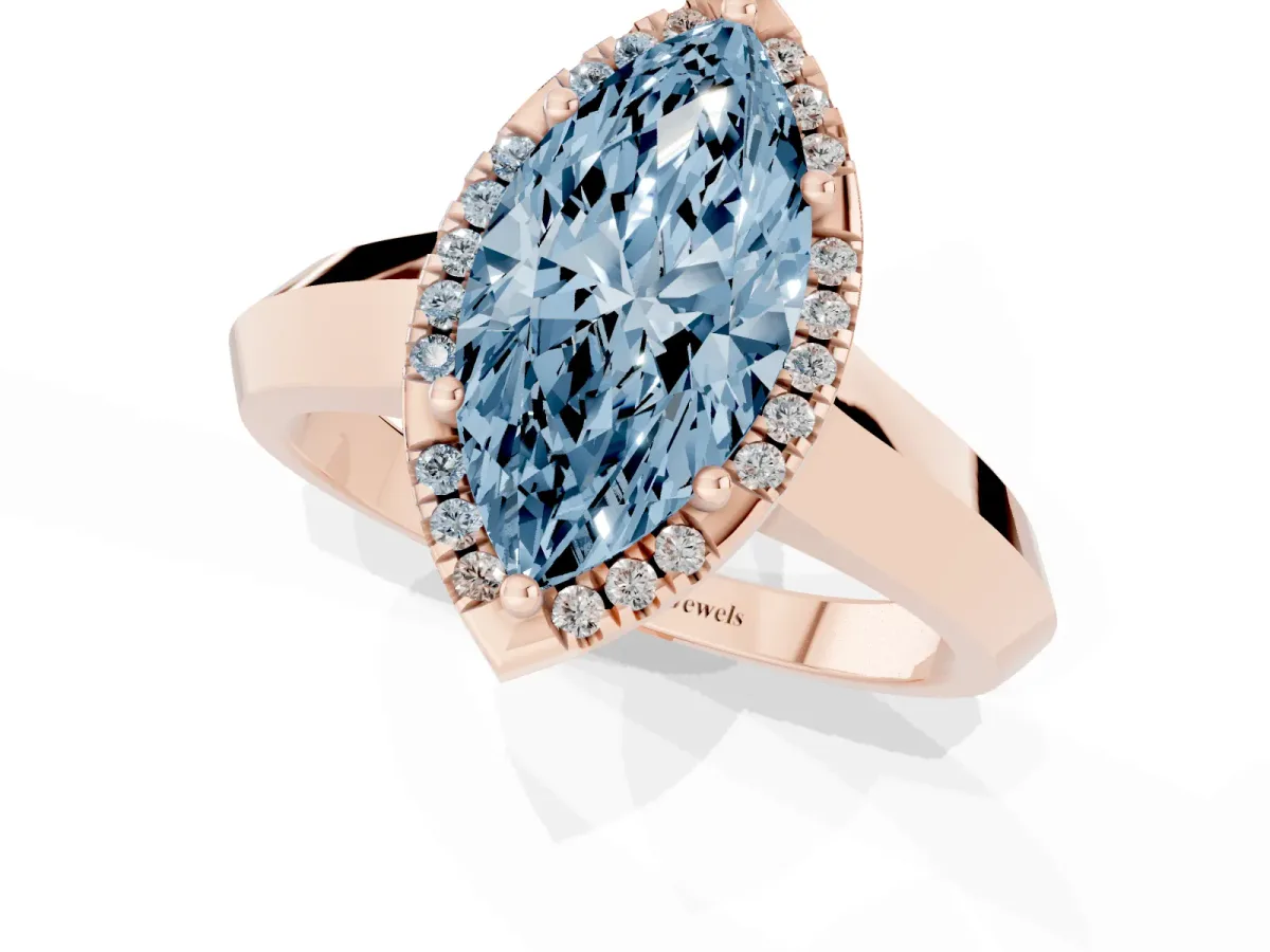 Fancy Blue Marquise Cut Halo Diamond Ring with Cathedral Band and Four-Prong Setting Rose gold