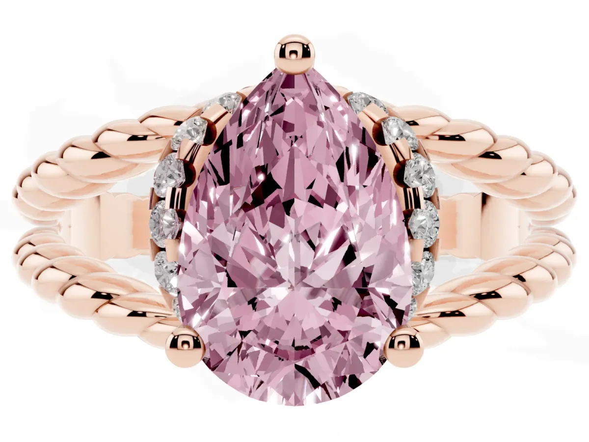 Fancy Pink Pear Cut Halo Twisted Band Four-Prong Ring Rose gold