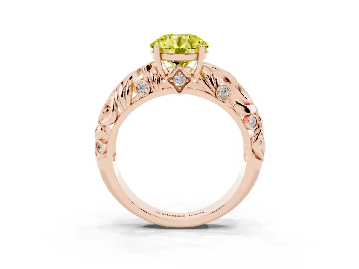 Fancy Yellow Round Cut Solitaire Diamond Leaf-Inspired Vine Band Ring with Prong Setting Rose gold