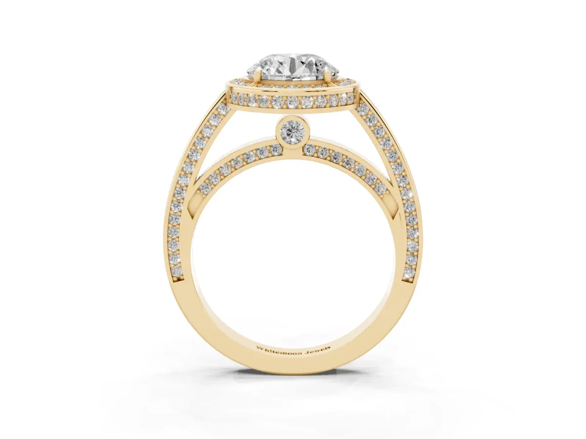 Round Cut Cut Halo Pave Split Shank Prong Setting Ring Yellow gold