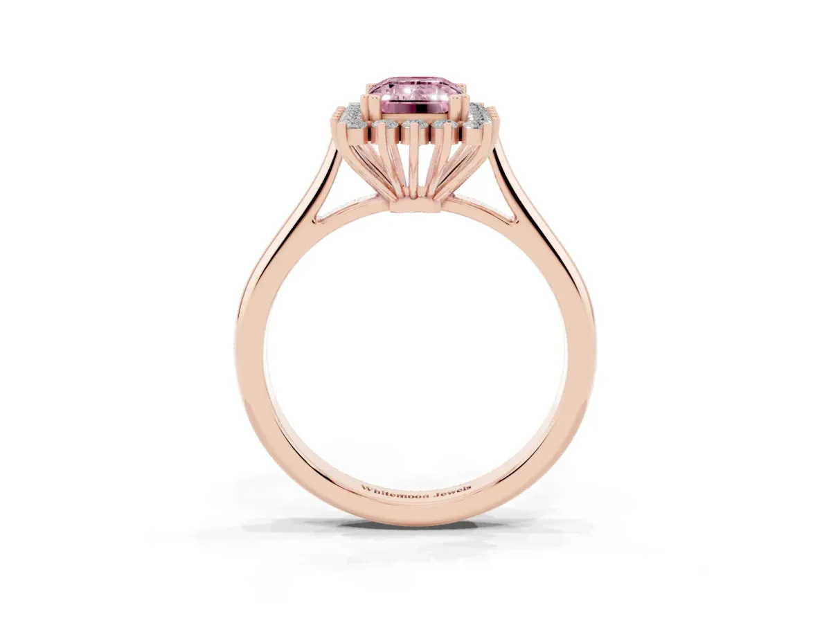 Fancy Pink Emerald Cut Cut Diamond Halo Ring with Solitaire Band and Prong Setting Rose gold