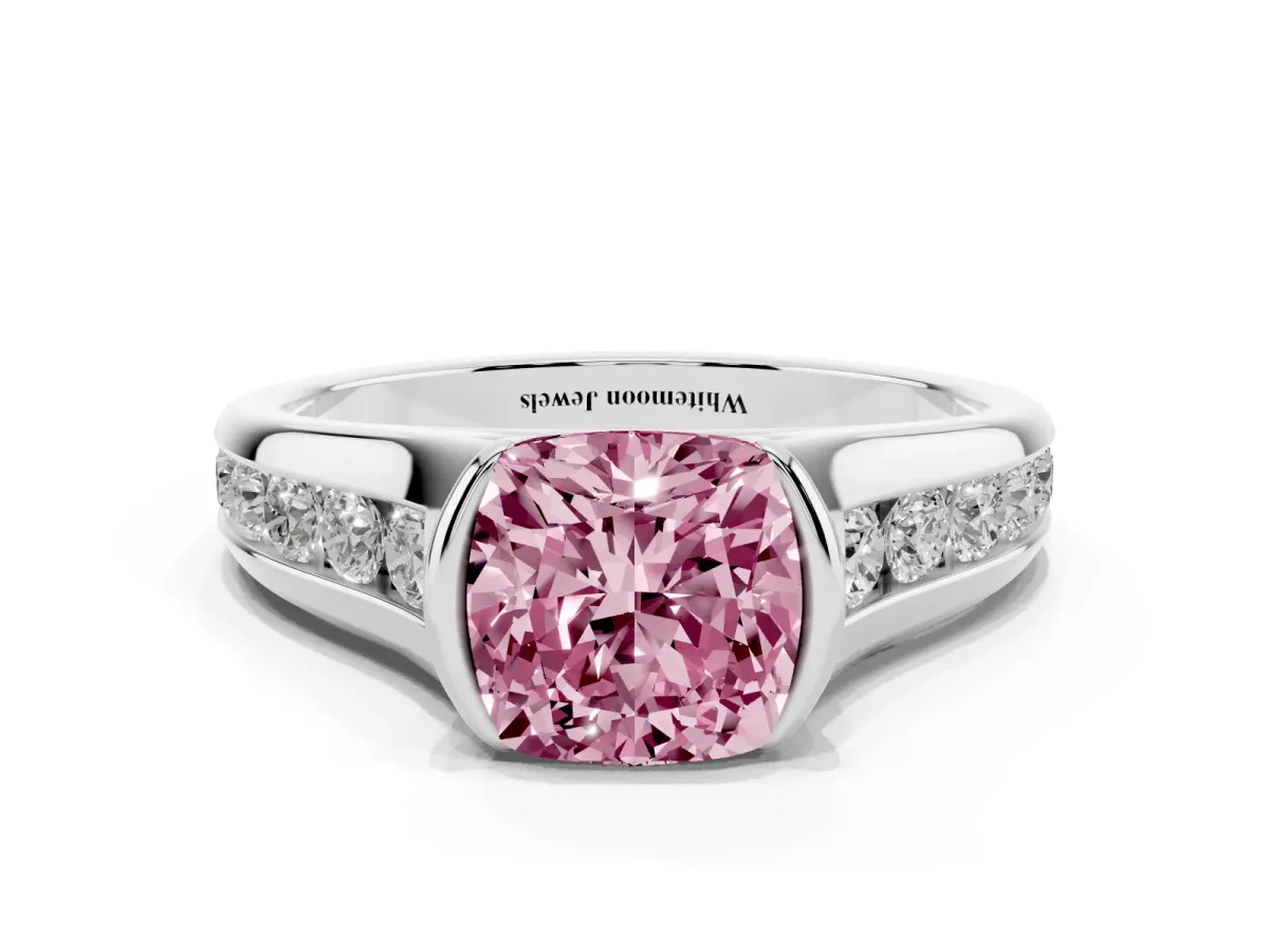 Fancy Pink Cushion Cut Solitaire Bezel-Set Diamond Ring with Channel-Set Band Silver