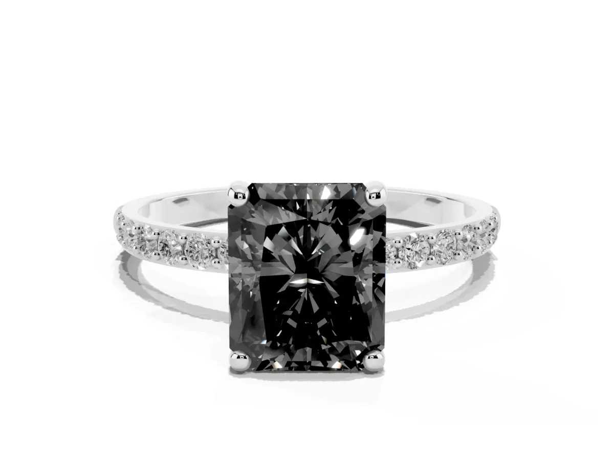 Fancy Black Radiant Cut Diamond Solitaire Ring with Round Pavé Band and Prong Setting Silver