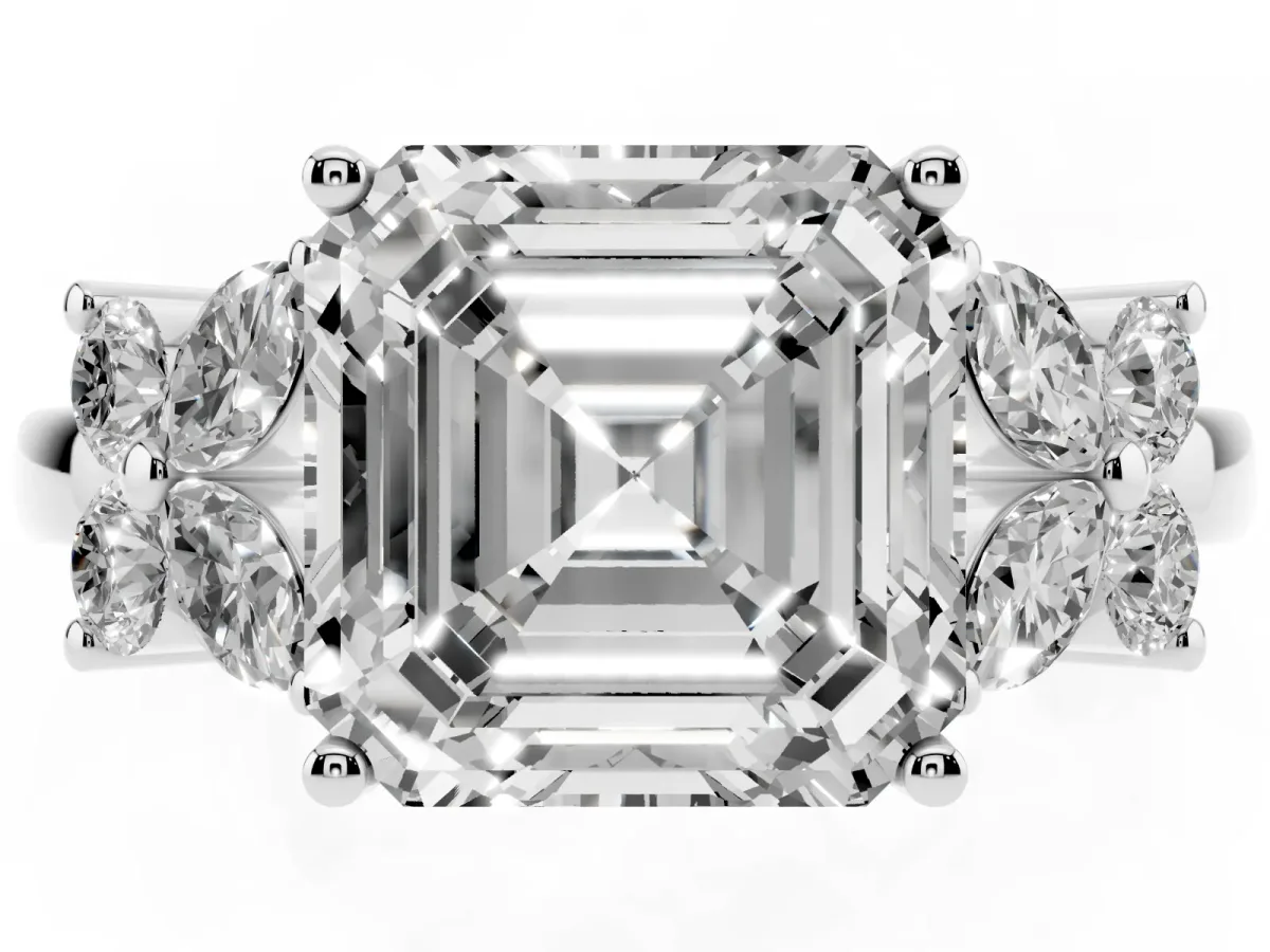 Asscher Cut Diamond Floral Cluster Ring with Solitaire Band and Prong Setting Silver