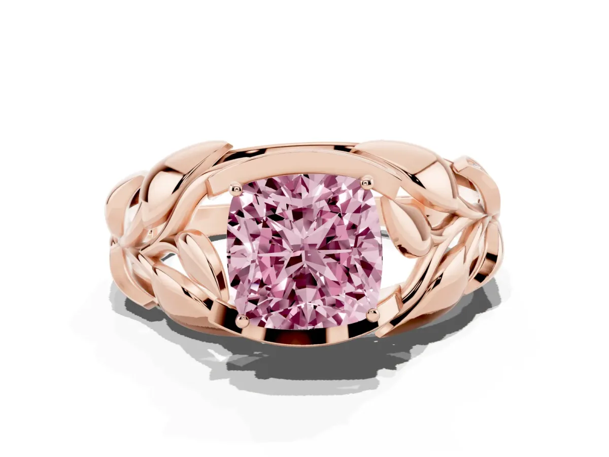 Fancy Pink Cushion Cut Diamond Leaf-Inspired Engagement Ring with Round Accents and Prong Setting Rose gold