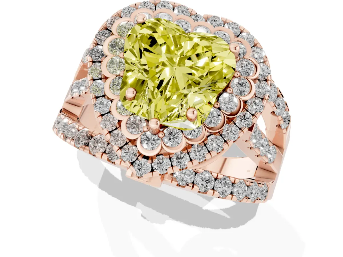 Fancy Yellow Heart Cut Diamond Double Halo Ring with Round Pavé Split Shank and Prong Setting Rose gold