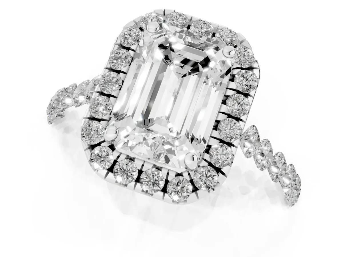 Emerald Cut Halo Pavé Diamond Engagement Ring with Four-Prong Setting Silver
