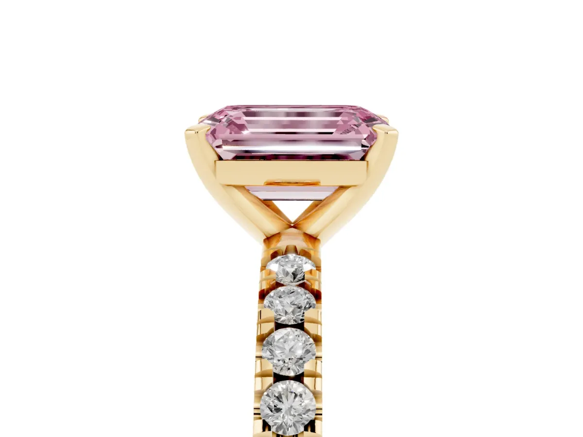 Fancy Pink Emerald Cut Diamond Pavé Band Solitaire with Four-Prong Setting Yellow gold
