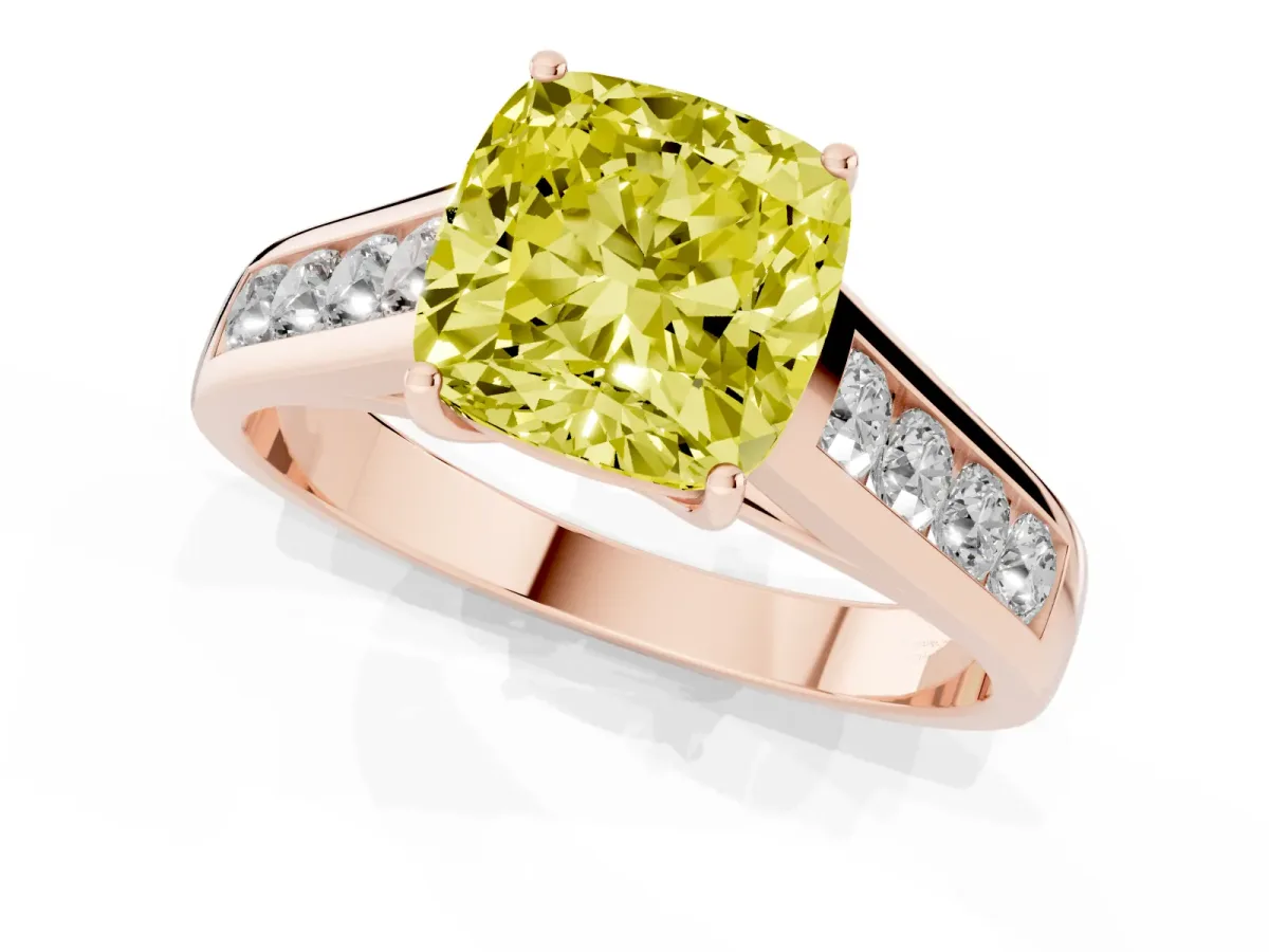 Fancy Yellow Cushion Cut Brilliant Channel-Set Solitaire Ring with Four-Prong Setting Rose gold