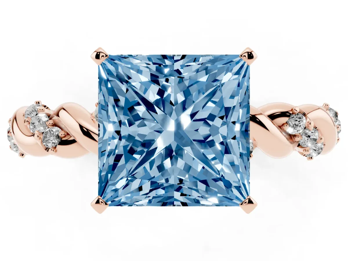 Fancy Blue Princess Cut Diamond Solitaire Ring with Twisted Band and Pavé Accents Rose gold