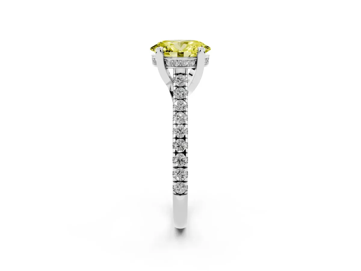 Fancy Yellow Oval Cut Brilliant Diamond Solitaire with Pavé Band and Four-Prong Setting Silver